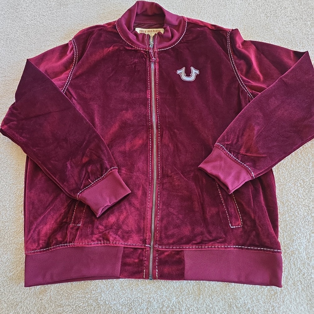 True Religion Jacket Men's S Burgundy Velvet Big T Mock Zip Up Broadway Gunmetal